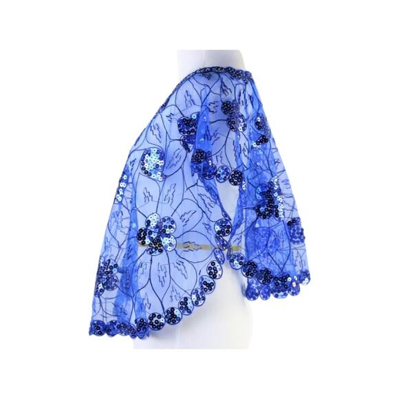 Cobalt Blue Mesh Caped Floral Print Top with Sequins And Beading - One Size - Picture 2 of 9